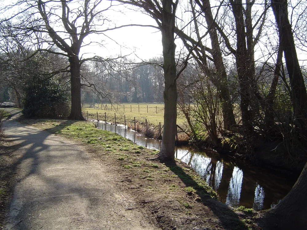 Een pad langs het water onder kale bomen op landgoed Marlot, Den Haag