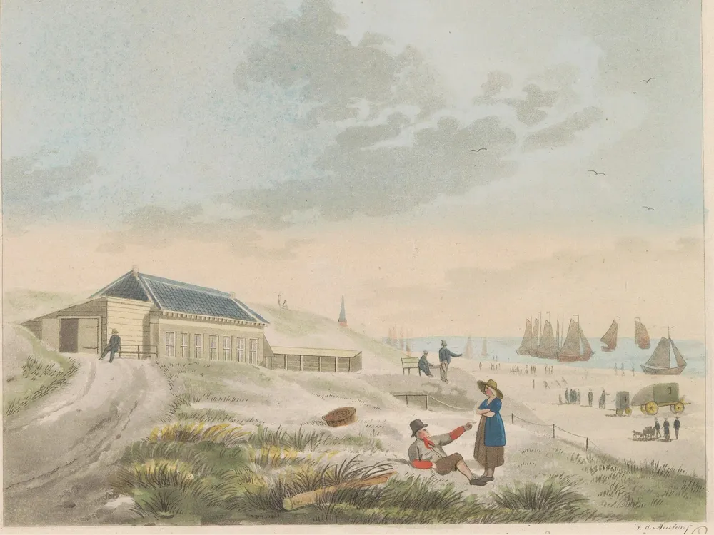 Het strand en de duinen van Scheveningen omstreeks 1825, een ingekleurde prent